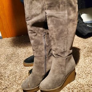 Brown knee high wedge boots